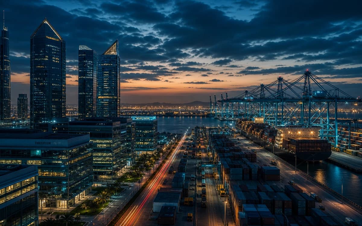 UAE trading base with business district and container logistics
